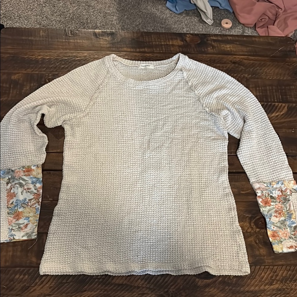 Women's Long Sleeve Textured Top with Floral Accents